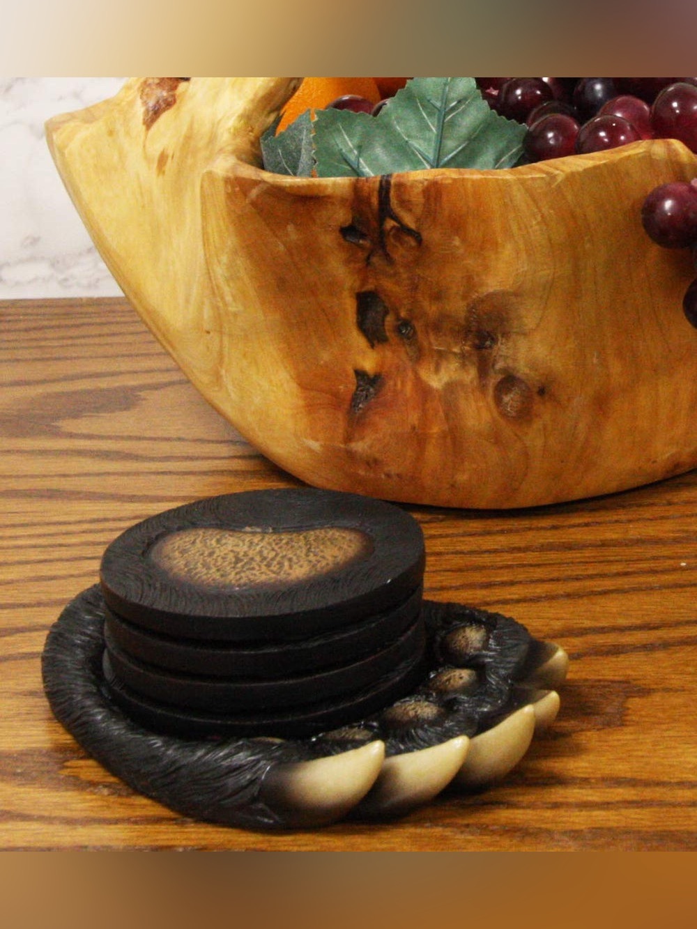 Rustic Forest Black Bear Paw With Claws Coaster Holder With 4 Round Coasters Set